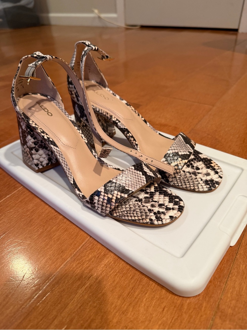 Aldo Snake-Print Slingback Block Heels in Black and Beige